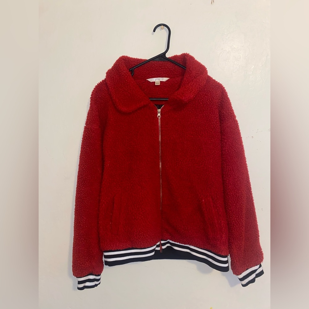 Red Fleece Coat (Black and White Stripe)